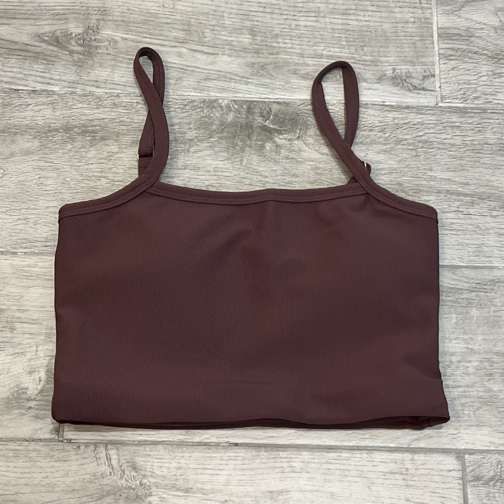 Wilo Women's Chocolate Brown Ribbed Sports Bra Cropped Cami Top Size Small